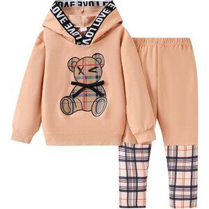 Toddler Kid Girl Clothes Bear Print Drop Shoulder Hoodie Put Together Plaid Pant
